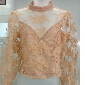 Peach Lace Sheer Blouse Medium Peach Mock Neck Puff Sleeve Romantic Top